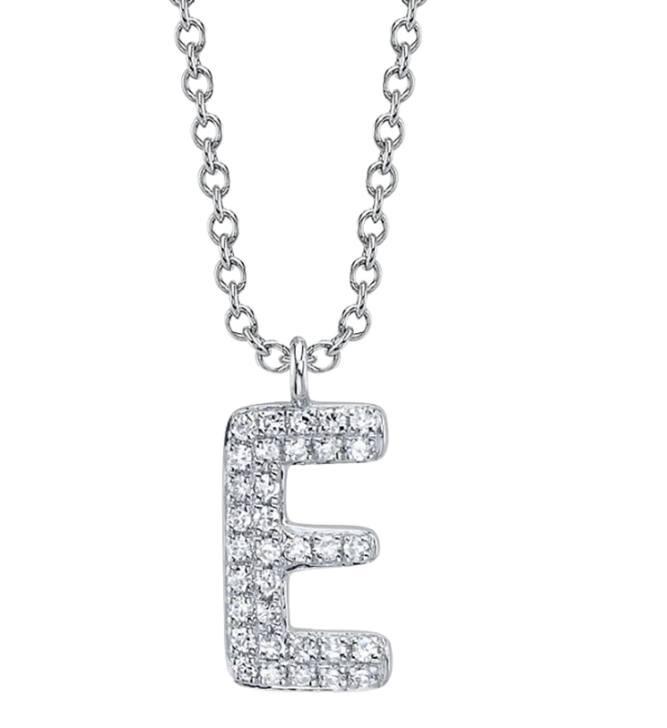 14k White Gold & Pave Diamond "E" Initial Necklace