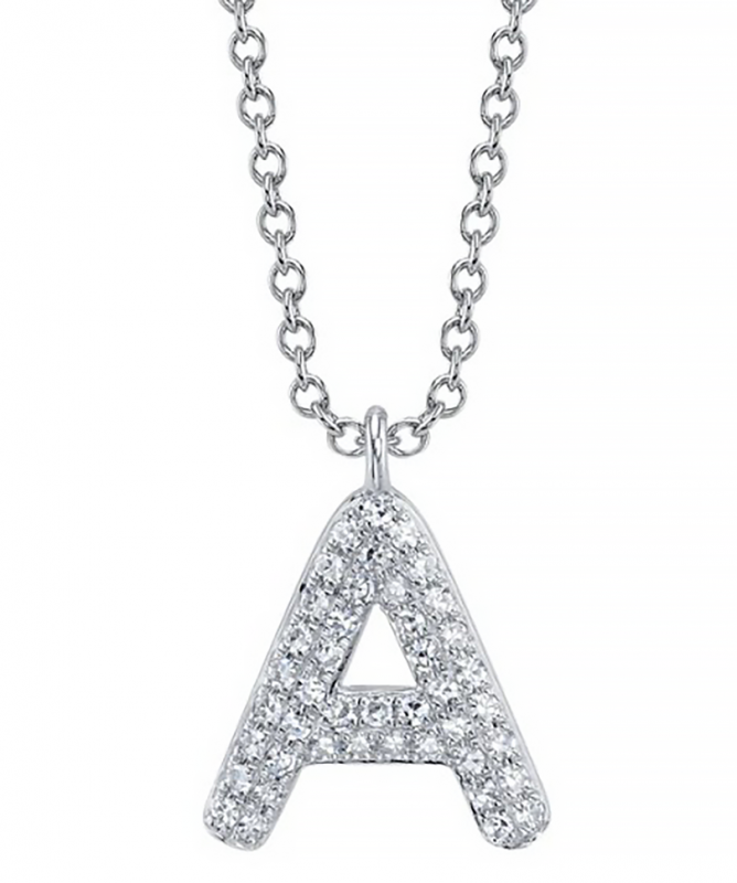 14k White Gold & Pave Diamond "A" Initial Necklace