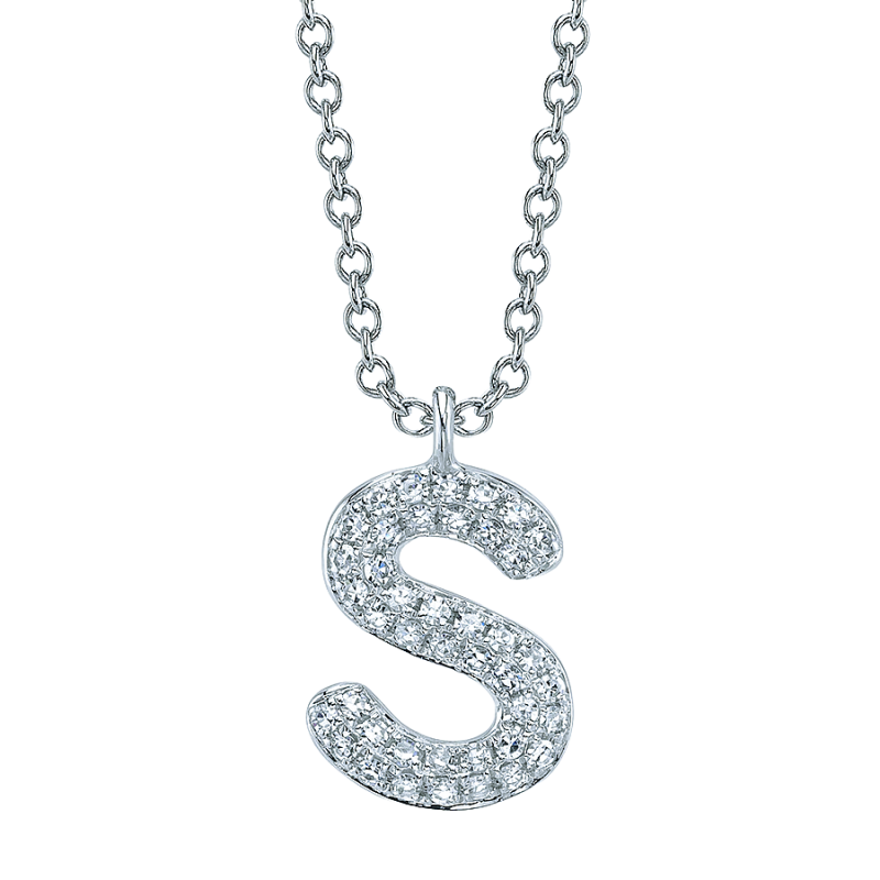 14k White Gold & Pave Diamond "S" Initial Necklace