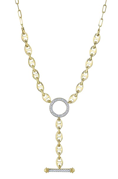 14k Yellow Gold Diamond Circle Link Lariat Necklace With 0.24 Carats of Round Diamonds.