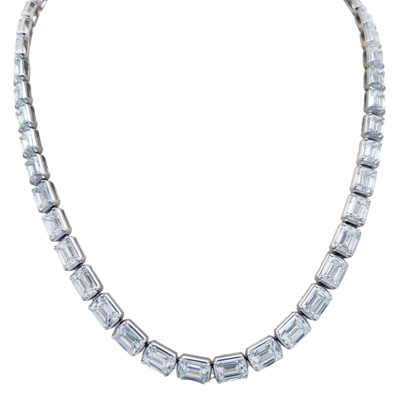 18k White Gold & Emerald Cut Diamond Tennis Necklace