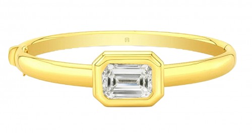Rahaminov 18k Yellow Gold Bezel Set 4.03 Carat Emerald Cut Diamond Bangle