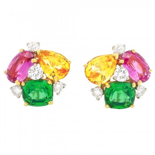 Oscar Heyman 18k Yellow Gold, Pink Sapphire,  Yellow Sapphire, Tsavorite Garnet & Diamond Earrings