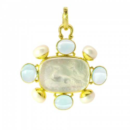 14k Yellow Gold Venetian Murano Glass Pendant with Blue Topaz and Pearl