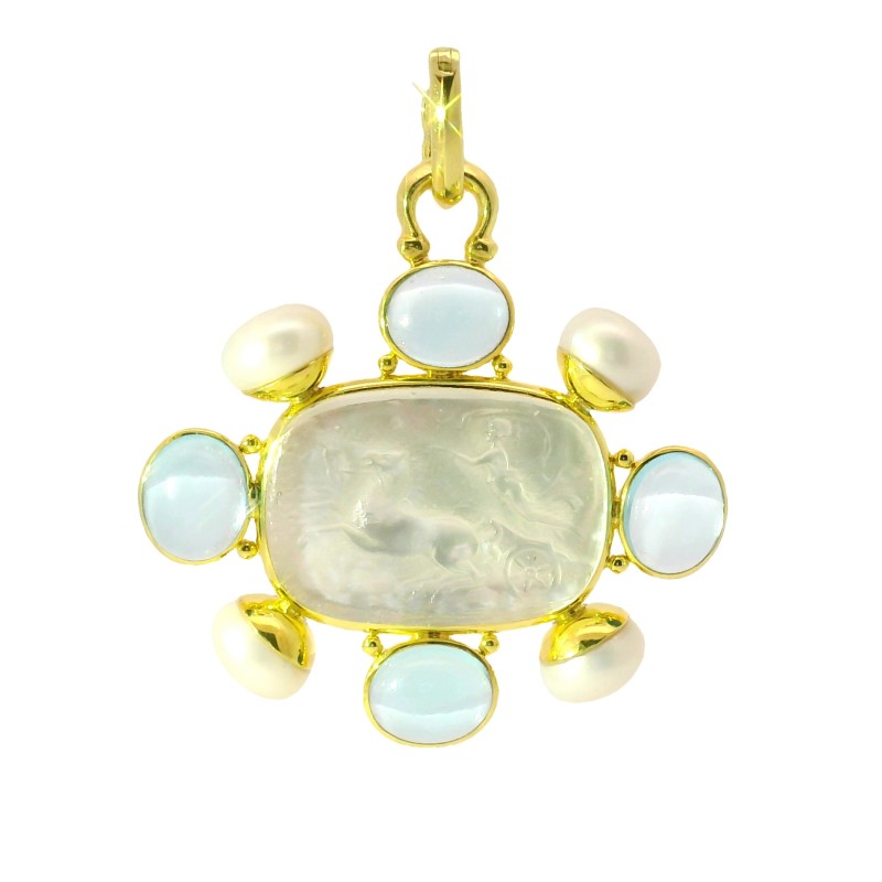 14k Yellow Gold Venetian Murano Glass Pendant with Blue Topaz and Pearl