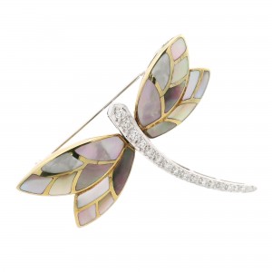 14k Yellow and White Gold Dragonfly Brooch with Mother of Pearl and Diamonds