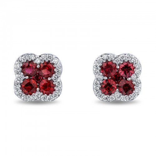 White Gold Ruby & Diamond Clover Stud Earrings