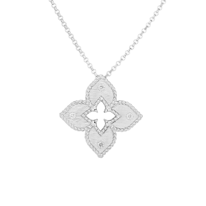 Roberto Coin 18k White Gold Petite Venetian Princess Diamond & Satin Finish Flower Necklace