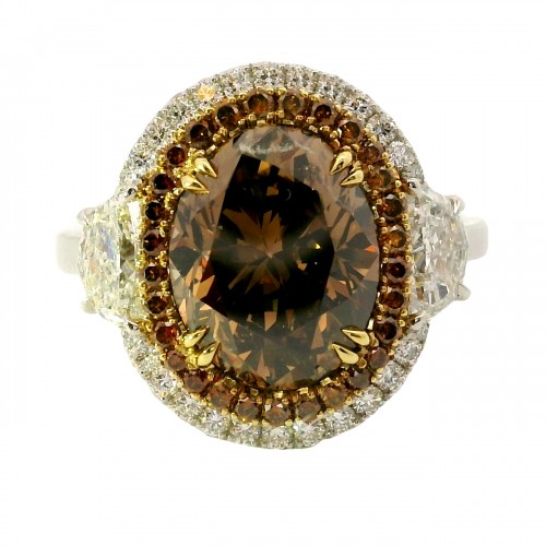 Rahaminov Platinum and 18k Yellow Gold 4.35 Carat Oval Shape Fancy Brown Diamond Ring