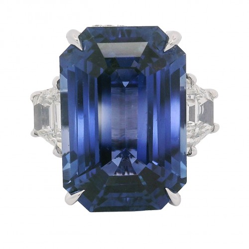 Platinum 14.09 Carat Emerald Cut Sapphire & Diamond 3-Stone Ring