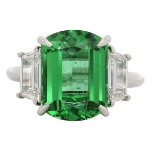 Platinum 3-Stone Emerald Cut Chrome Tourmaline & Diamond Ring