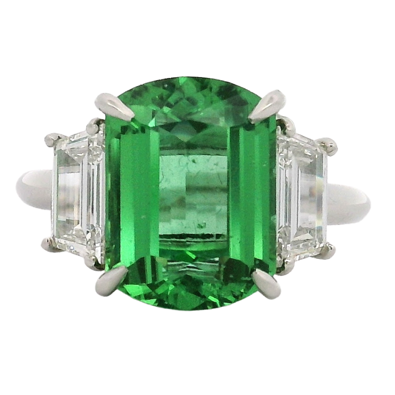 Platinum 3-Stone Emerald Cut Chrome Tourmaline & Diamond Ring