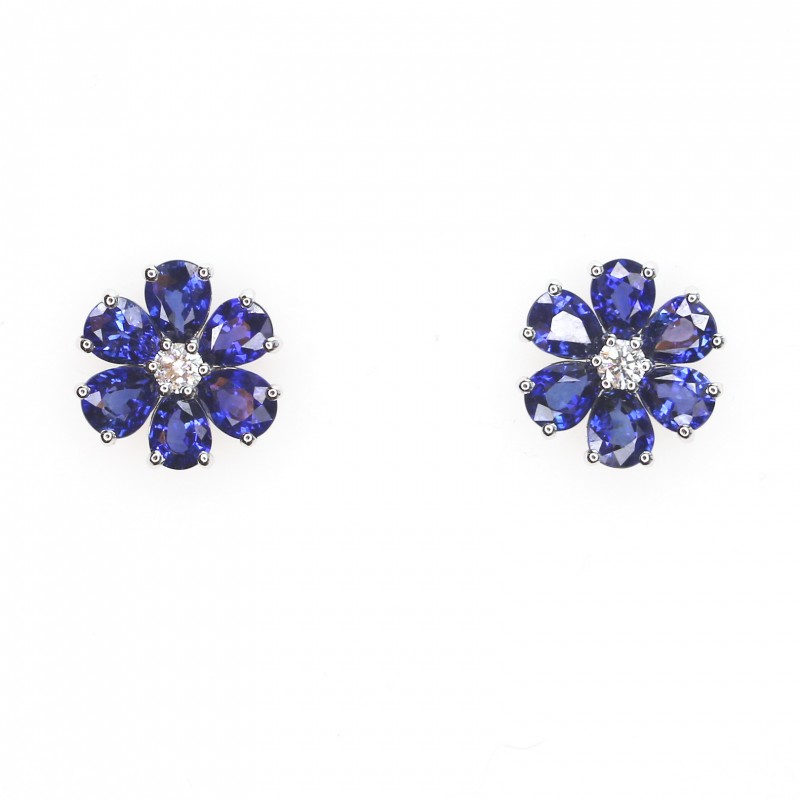 18k White Gold, Sapphire & Diamond Flower Earrings