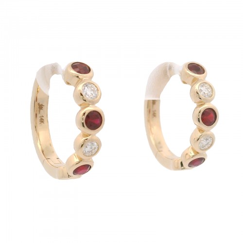 14k Yellow Gold, Ruby & Diamond Hoop Earrings