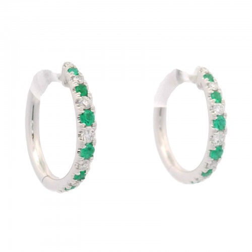 14k White Gold, Diamond & Emerald Hoop Earrings