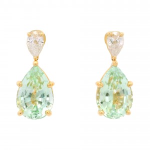 18k Yellow Gold, Diamond & Mint Green Tourmaline Drop Earrings