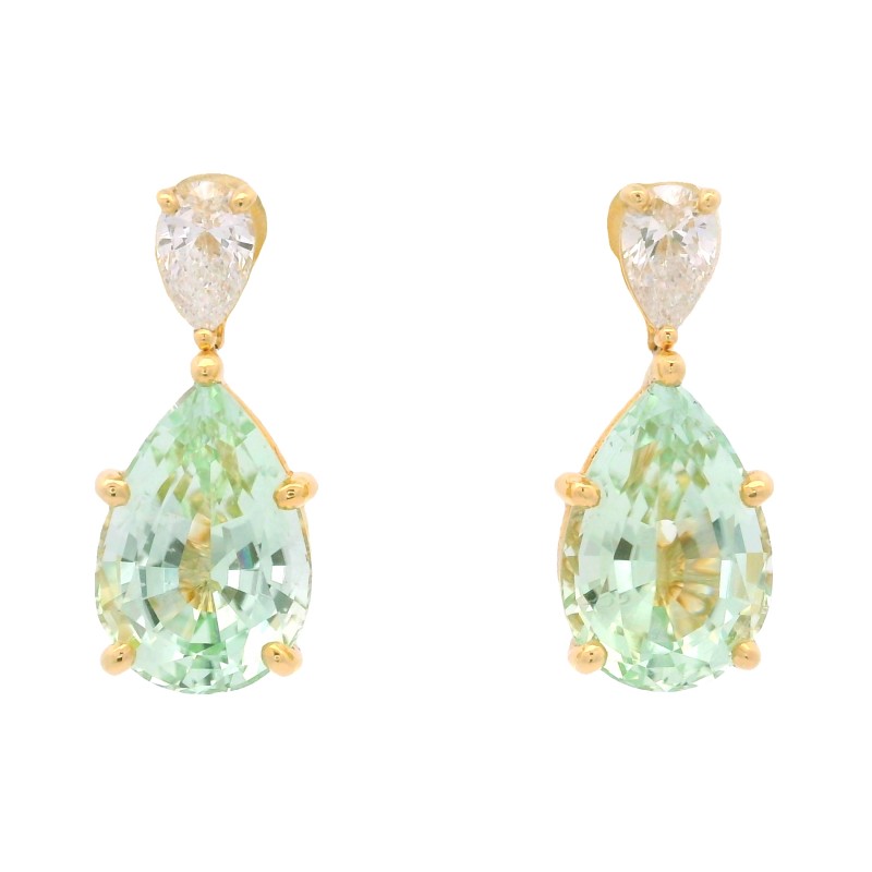 18k Yellow Gold, Diamond & Mint Green Tourmaline Drop Earrings