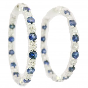 14k White Gold Alternating Diamond & Sapphire Hoop Earrings