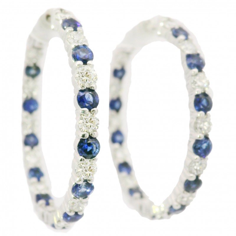 14k White Gold Alternating Diamond & Sapphire Hoop Earrings