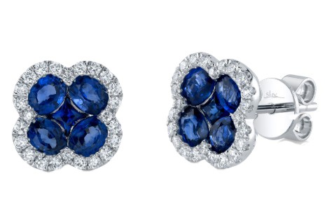14k White Gold, Diamond & Sapphire Clover Stud Earrings