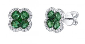 14k White Gold, Diamond & Emerald Clover Stud Earrings