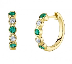 14k Yellow Gold, Emerald & Diamond Bezel Set Huggie Earrings