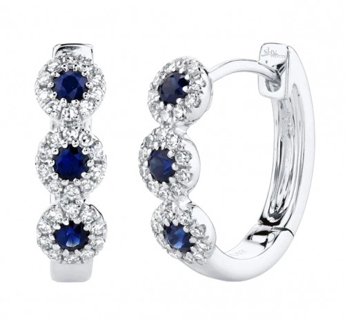 14k White Gold, Diamond & Sapphire Huggie Earrings