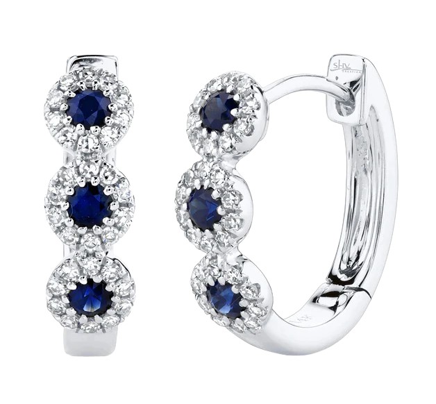 14k White Gold, Diamond & Sapphire Huggie Earrings