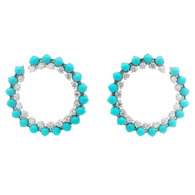 18k White Gold, Diamond & Turquoise Flat Hoop Earrings