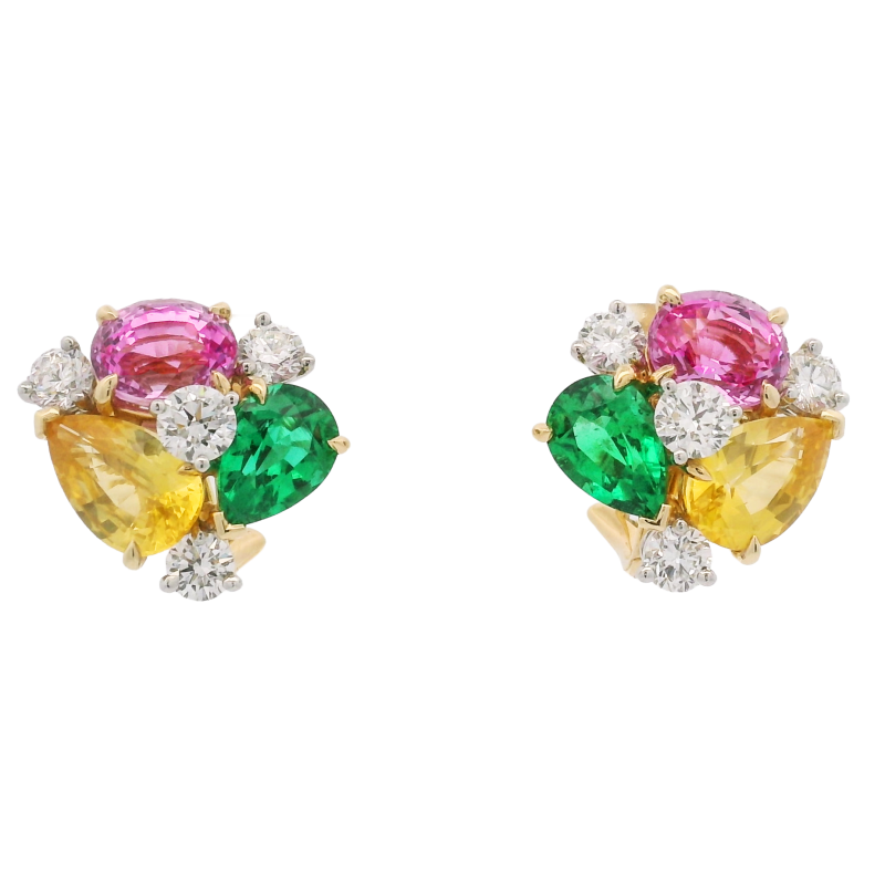Oscar Heyman Multi Color Sapphire, Emerald & Diamond Earrings