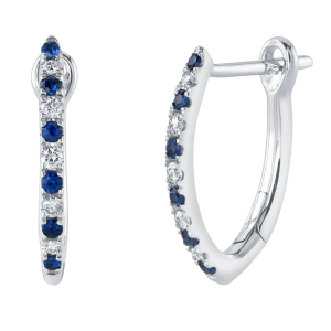 14k White Gold, Diamond & Blue Sapphire Angled Hoop Earrings