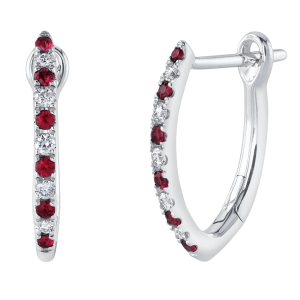 14k White Gold, Ruby & Diamond Angled Hoop Earrings