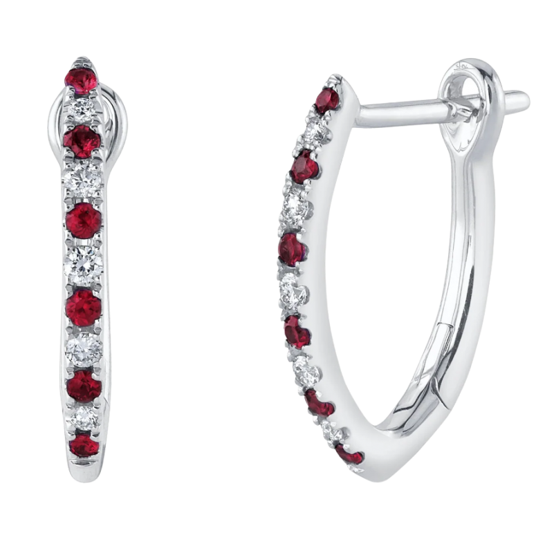 14k White Gold, Ruby & Diamond Angled Hoop Earrings