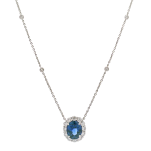 18k White Gold & Sapphire Pendant with Diamond Halo