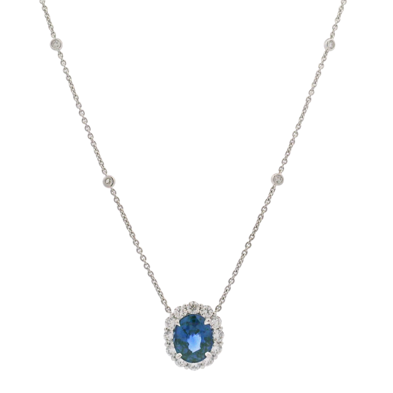 18k White Gold & Sapphire Pendant with Diamond Halo