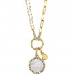 14k Yellow Gold Circle & Paper Clip Link Necklace with Mother of Pearl Circle Pendant & Pave Diamonds