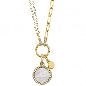 14k Yellow Gold Circle & Paper Clip Link Necklace with Mother of Pearl Circle Pendant & Pave Diamonds