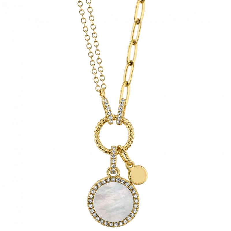 14k Yellow Gold Circle & Paper Clip Link Necklace with Mother of Pearl Circle Pendant & Pave Diamonds