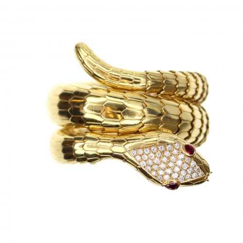Yellow Gold Diamond & Ruby Snake Coil Bracelet
