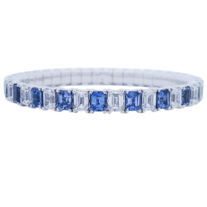18k White Gold Alternating Emerald Cut Sapphire & Diamond Stretch Bracelet