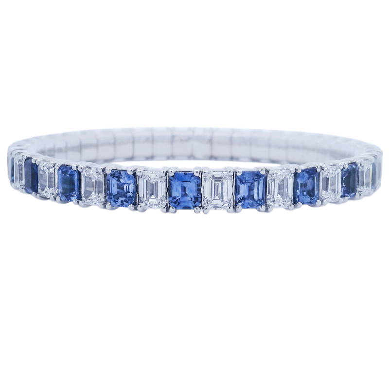 18k White Gold Alternating Emerald Cut Sapphire & Diamond Stretch Bracelet