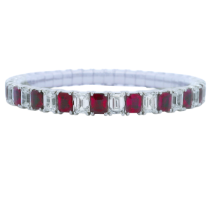 18k White Gold Alternating Emerald Cut Ruby & Diamond Stretch Bracelet