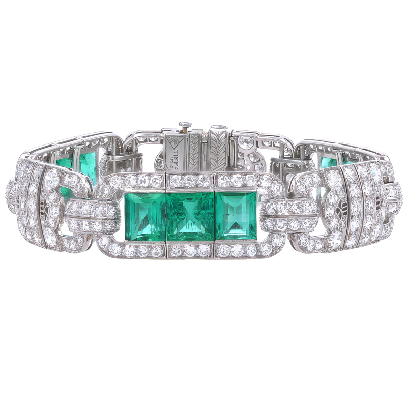 Estate Tiffany and Company Art Deco Emerald and Diamond Bracelet in Platinum