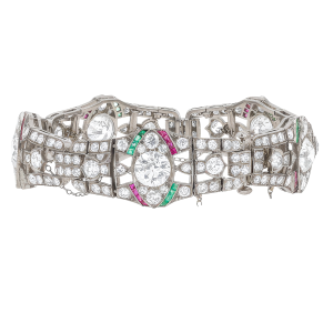 Estate Oscar Heyman Art Deco Diamond, Emerald & Ruby Bracelet in Platinum