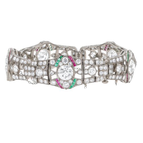 Estate Oscar Heyman Art Deco Diamond, Emerald & Ruby Bracelet in Platinum