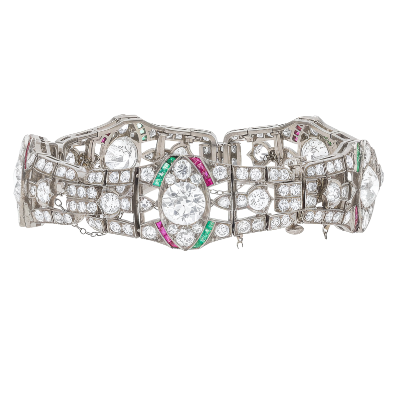 Estate Oscar Heyman Art Deco Diamond, Emerald & Ruby Bracelet in Platinum