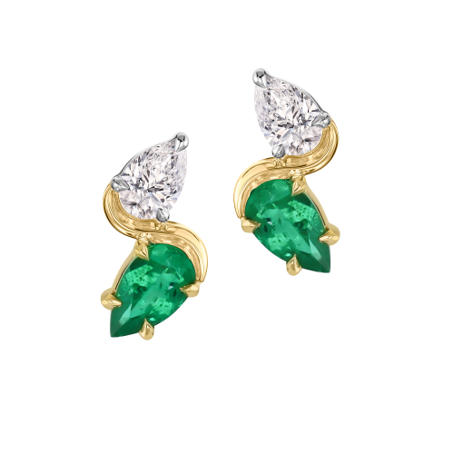 Phillips House 18k Yellow Gold, Diamond & Emerald Stud Earrings
