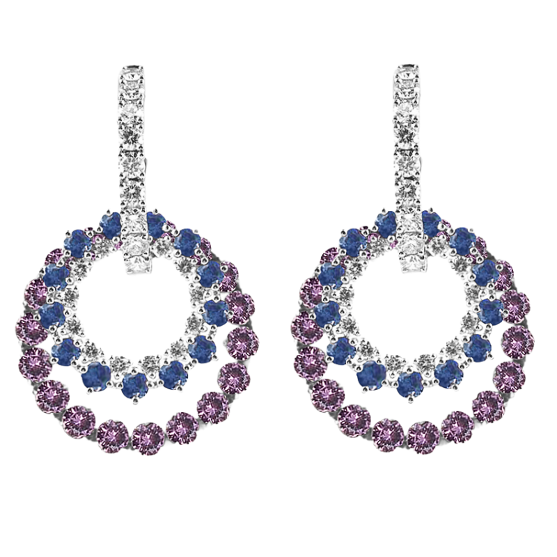 18k White Gold, Diamond Blue & Pink Sapphire Hoop Earrings