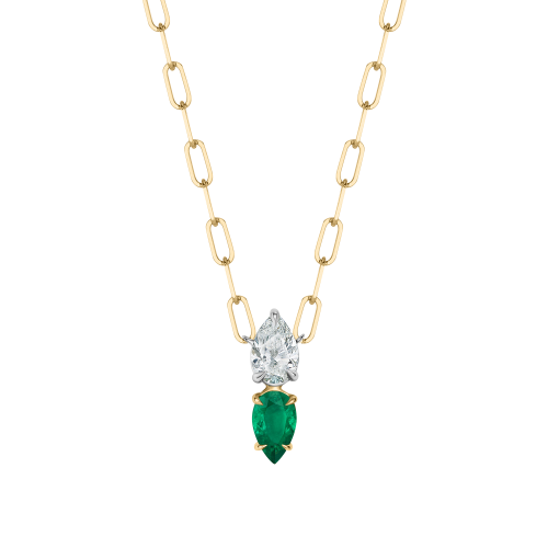 Phillips House 18k Yellow Gold, Diamond & Emerald Double Pear Necklace