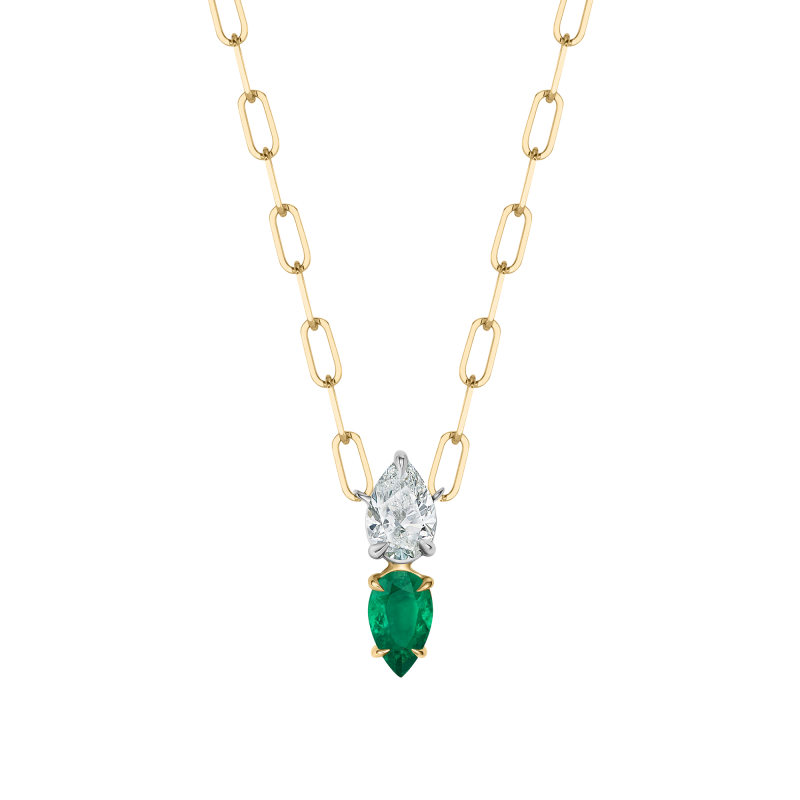 Phillips House 18k Yellow Gold, Diamond & Emerald Double Pear Necklace